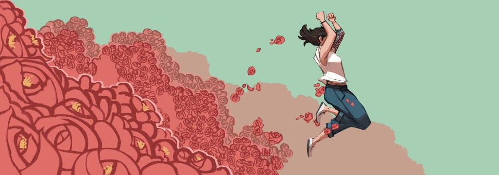 Illustration with roses and a jumping figure